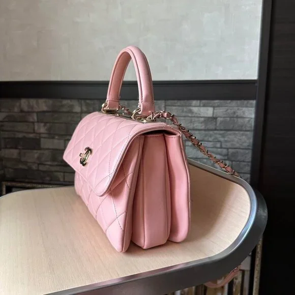 Authentic CHANEL Trendy Lambskin Quilted Small CC Dual Handle Flap Bag Pink Tote - Picture 6 of 13